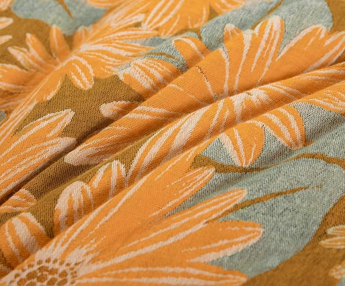 SLEEPBELLA Washed Double Layer Muslin 100% Cotton Comforter Set King Size, Yellow & Blue Sunflower Pattern Fluffy Thick Checked Bedding Set, Soft Breathable (1 Comforter, 2 Pillow Shams)