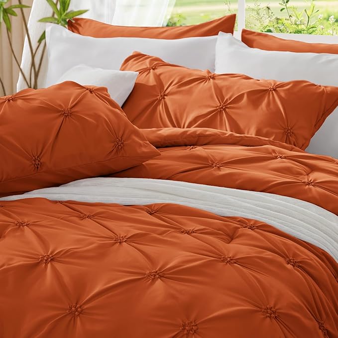 BEDELITE Burnt Orange Twin Comforter Set - 2 Peices Boho Pintuck Bedding Comforter Sets, Lightweight Soft & Warm Twin Bedding Sets with 1 Pillowcase for All Season