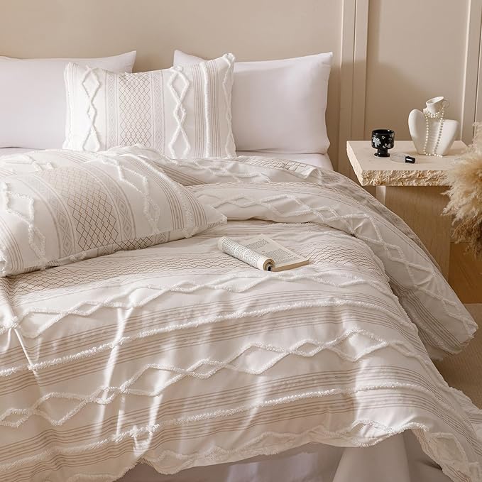CLOTHKNOW Ivory Bohemian Queen Comforter Set 3Pcs Farmhouse Bedding Comforter Sets Jacquard Stripes Comforter White Khaki Comforters