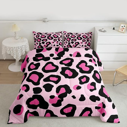 Erosebridal Pink Black Leopard Twin Comforter Set for Kids Boys Girls,African Cheetah Print Bedding Set,Farmhouse Rustic Duvet Insert,Wild Animal Skin Bed Set for All Season