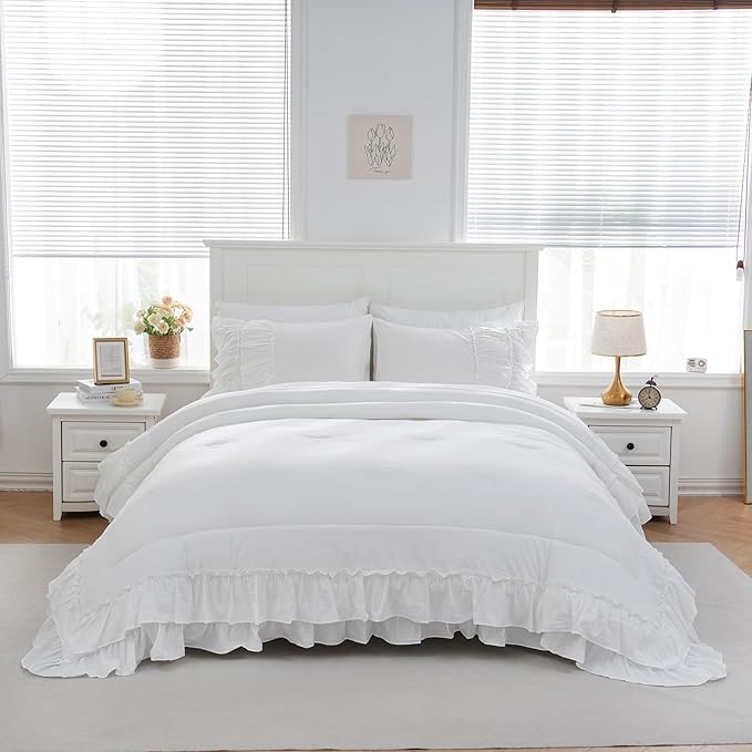 Boho Bedding Comfrter Queen White Comforter Set Shabby Chic Bedding 2 Layers Ruffles Home Decor Farmhouse Bed Comforter 1 Comforter 2 Pillowcases (White, Queen)