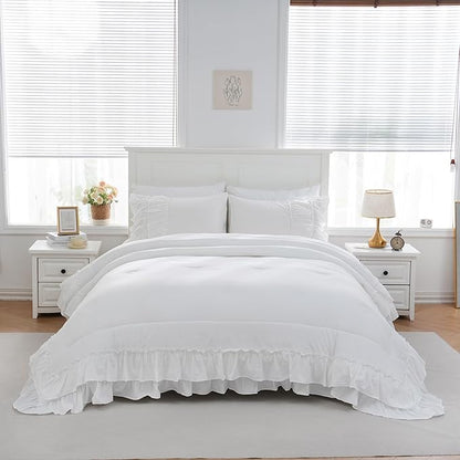 Boho Bedding Comfrter Queen White Comforter Set Shabby Chic Bedding 2 Layers Ruffles Home Decor Farmhouse Bed Comforter 1 Comforter 2 Pillowcases (White, Queen)