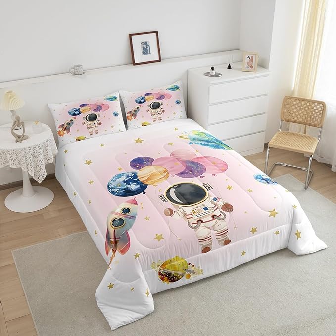 Cute Astronaut Kids Comforter Set Toddler Size,Colorful Cute Planet Balloon Rocket Reversible Quilt Set for Boys Girls Teens,Stars Cartoon Space Pink White Duvet Insert with 1 Pillowcase