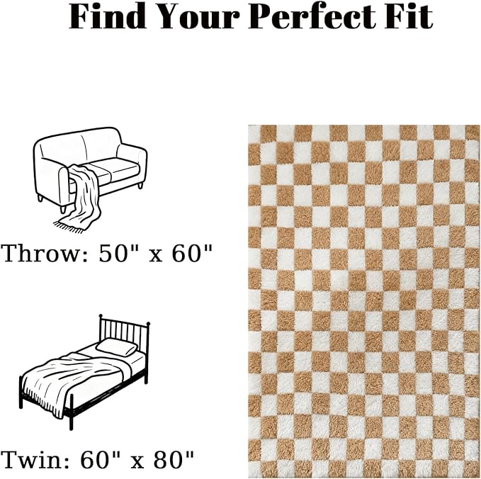 MorroMorn Checkered Throw Blanket for Couch, 2-Layers Soft Cozy Fleece Plaid Blankets Checkerboard Grid - Fluffy Fuzzy Plush Warm for Sofa Chair Bed Fall Home Decor Gifts (Camel, Throw 50"x60")