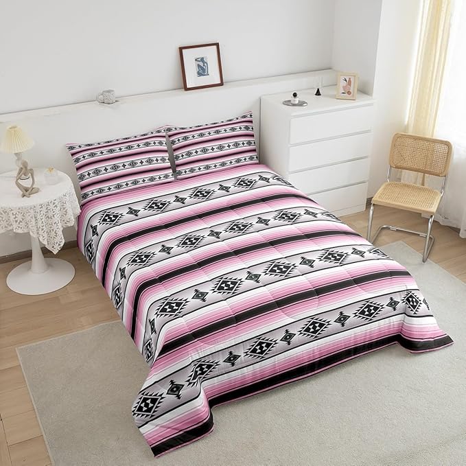 Erosebridal Girls Boho Comforter Set Toddler Pink Black Geometric Aztec Stripes Bedding Comforter Sets Western Bohemian Bedding Set for Kids Teen Women,Southwest Ethnic Tribal Mexican Quilt Duvet