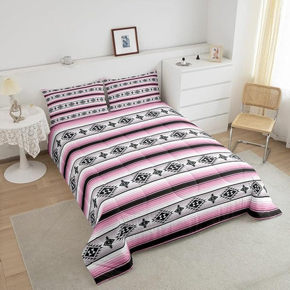 Erosebridal Girls Boho Comforter Set Toddler Pink Black Geometric Aztec Stripes Bedding Comforter Sets Western Bohemian Bedding Set for Kids Teen Women,Southwest Ethnic Tribal Mexican Quilt Duvet