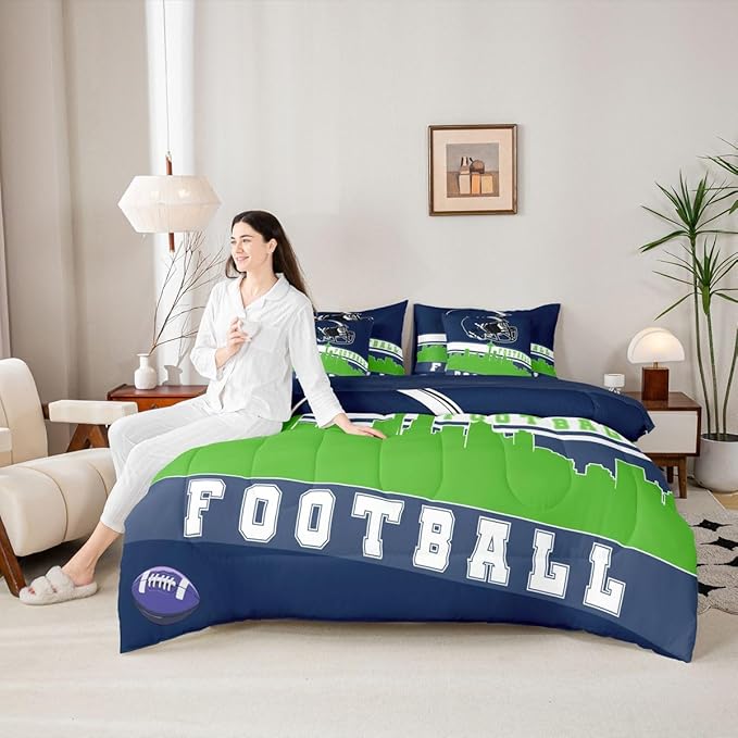 Erosebridal Football City 7 Pcs Comforter Set King Football Bedding Boys Girls Green Blue Rugby Game Sheet Set Bed in A Bag Football Fans Bedroom Decor Sports Ball Competition Quilt