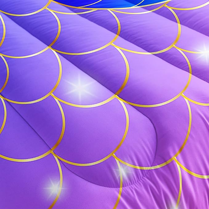 HOSIMA Mermaid Fish Scales Bedding Sets,Seahorse Printed Ocean Animal Rainbow Bedding Glitter Star Themed Comforter Set Queen Size for Girls Kids Room Decor,Bed Set for Girls with 2 Pillowcases.