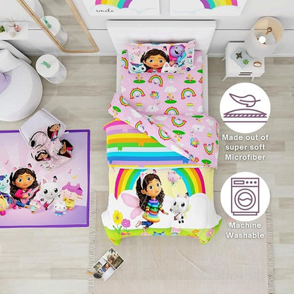 DreamWorks Gabby's Dollhouse Cakey, Mercat and Pandy Kids Bedding Super Soft Comforter and Sheet Set, 5 Piece Full Size, (Official Licensed Product) by Franco