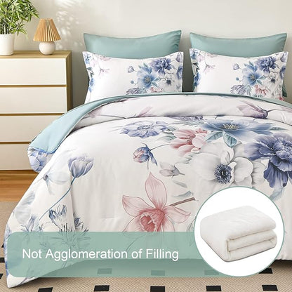 Floral King Size Comforter Set - 7 Piece Bed in a Bag, Light Blue Flowers Printed on White Bed Comforters with Sheets, Soft Lightweight Bedding Set for All Season(Light Blue, King