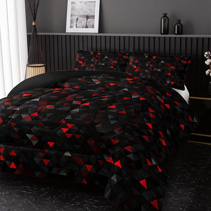 Geometric Red Black Comforter Set,Triangle Honeycomb 3 PCS Bedding Set Full Size for Teen Adult,Modern Quilt Set Geometry Decor,Microfiber Lightweight 1 Comforter 2 Pillowcases