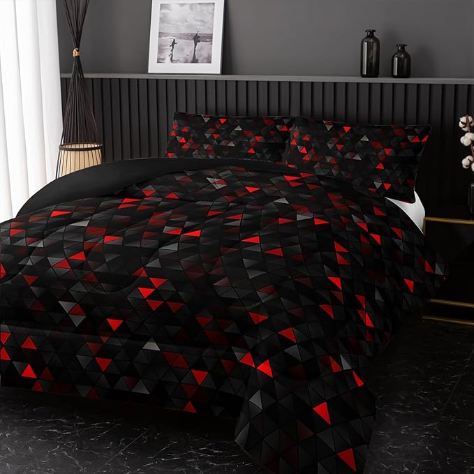 Geometric Red Black Comforter Set,Triangle Honeycomb 3 PCS Bedding Set Queen Size for Teen Adult,Modern Quilt Set Geometry Decor,Microfiber Lightweight 1 Comforter 2 Pillowcases