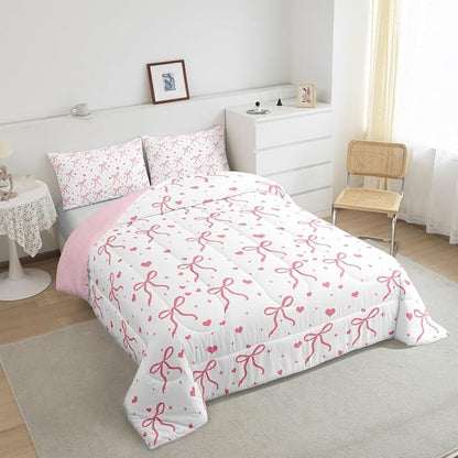 Erosebridal Pink Bowknot Queen Size Comforter Set, Kawaii Bow Knot Bedding Set for Kids Girls Teens Women Bedroom, Dreamy Princess Bow-Tie Down Comforter, Cute Love Heart Duvet Insert