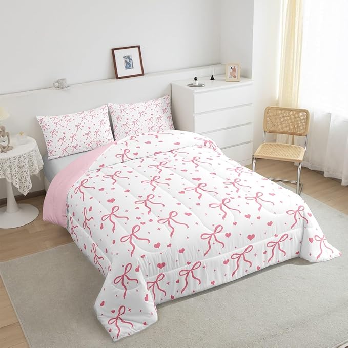 Erosebridal Pink Bowknot King Size Comforter Set, Kawaii Bow Knot Bedding Set for Kids Girls Teens Women Bedroom, Dreamy Princess Bow-Tie Down Comforter, Cute Love Heart Duvet Insert