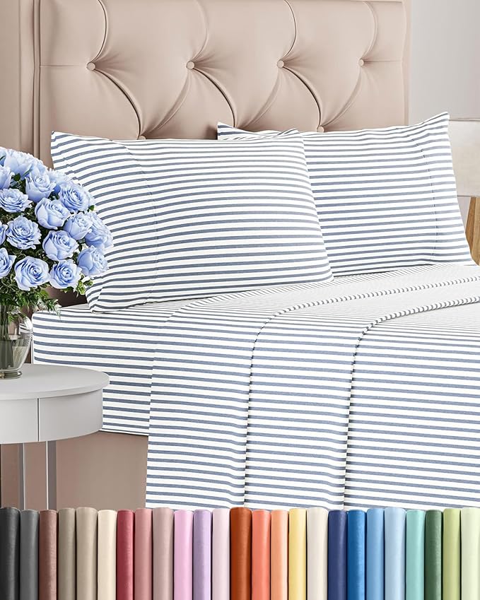 Queen Size 4 Piece Sheet Set - Comfy Breathable & Cooling Bed Sheets Set - Hotel Luxury Bedding for Women, Men, Kids, Teens, Boys & Girls - Deep Pockets, Soft, Wrinkle Free - Oeko-Tex - Blue Stripes 2