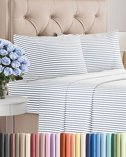 Full Size 4 Piece Sheet Set - Comfy Breathable & Cooling Bed Sheets Set - Hotel Luxury Bedding for Women, Men, Kids, Teens, Boys & Girls - Deep Pockets, Soft, Wrinkle Free - Oeko-Tex - Blue Stripes 2