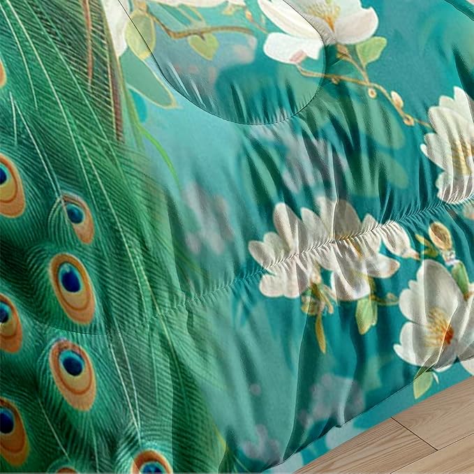 Oriental Peacock Comforter Set Full Size, Green Bird Floral Bedding Set, 3 Pieces Asian Bedroom Decor with 2 Pillowcases/79 * 90