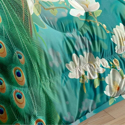 Oriental Peacock Comforter Set Full Size, Green Bird Floral Bedding Set, 3 Pieces Asian Bedroom Decor with 2 Pillowcases/79 * 90