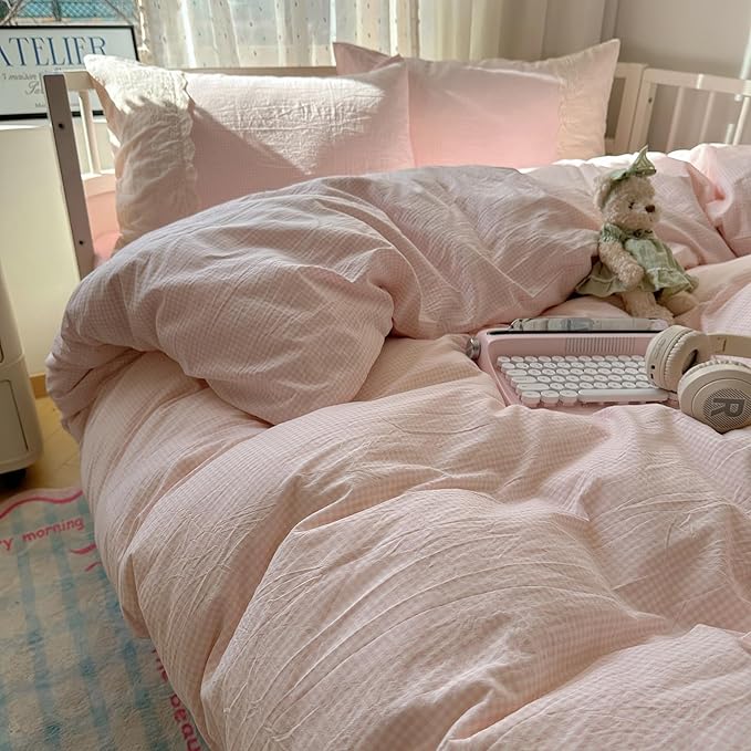 mixinni Light Pink Gingham Comforter Set Full - 3 Piece Soft Washed Microfiber Plaid Bedding Set with Lace Trim, All Seasons Fluffy Comforter & Pillowcases, Farmhouse French Country Aesthetic