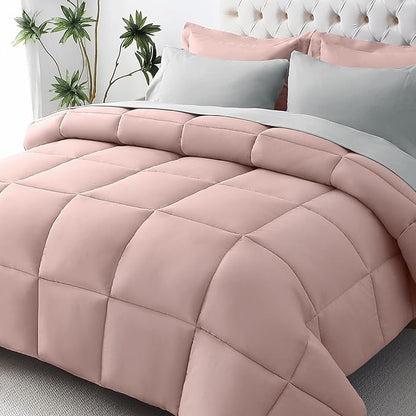 JOLLYVOGUE King Comforter Set, Ultra-Soft Bed in a Bag King Size 7 Pieces, Oeko-TEX Certified Bedding Set with Down Alternative Comforter, Sheets, Pillowcases & Shams, Pink & Light Grey