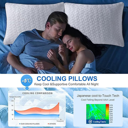 Cooling King Size Pillows Set of 2, Shredded Memory Foam Pillows, Adjustable Firm Bed Pillows Cool Cold Pillow for Hot Side Back Stomach Sleepers with Removable Washable Cover, 20" x 36", White