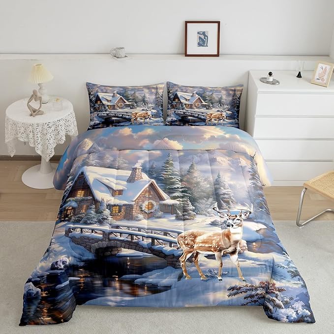 Winter Deer Bedding Set Full Size,Wood Cabin House Comforter Set,Snowflake and Pine Tree Mountain Lake Quilt Set for Kids Girls Boys Adult Room Decor,Christmas Animals Duvet Insert 3Pcs