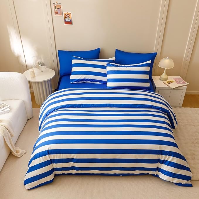 Houseri Blue Striped Comforter Set Full 3 Piece White and Blue Bedding Full Size Lightweight Modern Stripes Bed Set Soft Comfy Quilt Blanket Full