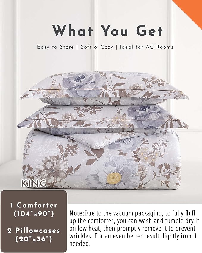 Luxurious Cotton 3pcs Floral Comforter Sets King Size - Light Gray Comfoter with Bluish Gray & Taupe Floral and Botanical Prints, Vintage Lightweight Bedding Sets(King 104"×90")