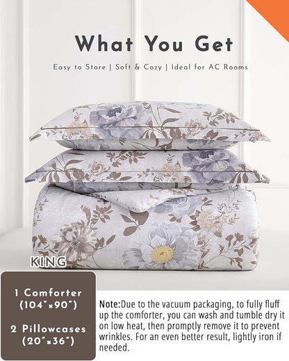 Luxurious Cotton 3pcs Floral Comforter Sets King Size - Light Gray Comfoter with Bluish Gray & Taupe Floral and Botanical Prints, Vintage Lightweight Bedding Sets(King 104"×90")