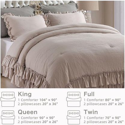 Masaca Twin Bedding Comforter Set with Ruffles,Shabby Boho Chic Taupe Farmhouse Comforter 3 Pieces (1 Kids Ruffled Comforter+2 Pillowcases) Ultra Soft Vintage French Country Bedding Sets