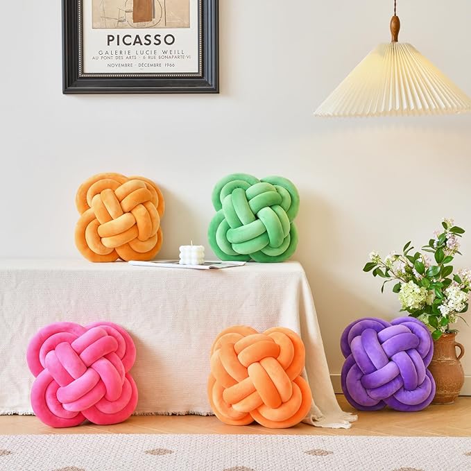 Xuyier Knot Pillow Ball, Decorative Throw Pillows with Velvet Fabric for Couch Bed, 12" Decor Knotted Square Floor Pillow Cushions for Living Room (12 Inches, Orange)