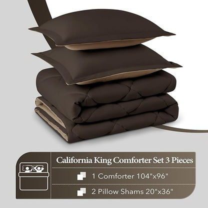 downluxe California King Comforter Set - Brown and Tan Cal King Comforter Set, Soft Bedding Sets for All Seasons - 3 Pieces - 1 Comforter (104"x96") and 2 Pillow Shams(20"x36")