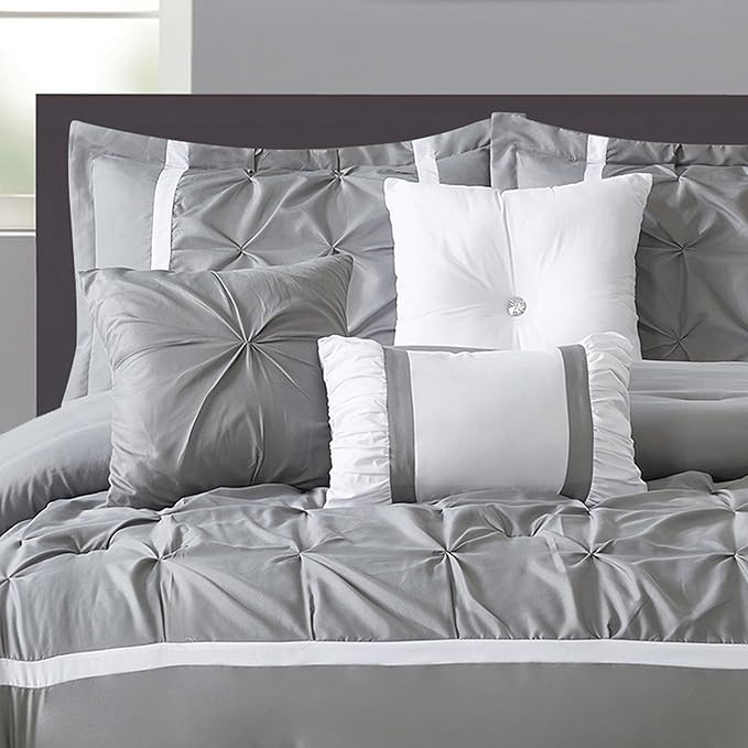 Grey Comforter Set, King, 7 Piece Bed in a Bag, Microfiber Handcrafted Pintucking, All Season Bedding Set with Comforter, Bedskirt, Pillow Shams and Decro Pillows