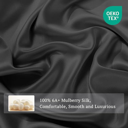 THXSILK 6A+ Top Grade 100% Pure Mulberry Silk Twin Fitted Sheet 3Pcs Set Bed Sheets Luxury Bedding for Hair and Skin Breathable Cooling Safe Material, 1 Fitted Sheet with 2 Pillowcases, Black