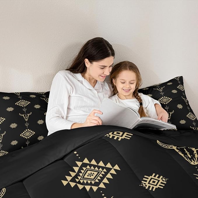 Castle Fairy Cow Skull Comforter Set King Size,Aztec Bohemia Tribal Exotic Down Alternative Adults Bedroom Decor,Western Cowboy Black Gold Ultra Soft Microfiber Inner Fill 3 Pcs Bedding