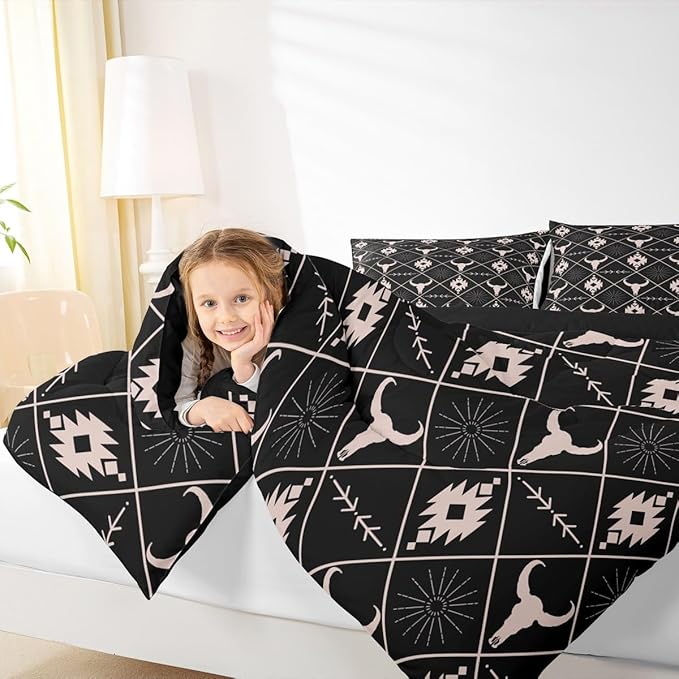 Erosebridal Bull Skull Comforter Set for Boys, Ethnic Western Horns Bedding Set King Size Tribal Aztec Boho Southwestern Duvet Insert Farmhouse Animal Vintage Quilt, 2 Pillow Cases, Black Brown