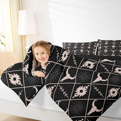 Erosebridal Bull Skull Comforter Set for Boys, Ethnic Western Horns Bedding Set King Size Tribal Aztec Boho Southwestern Duvet Insert Farmhouse Animal Vintage Quilt, 2 Pillow Cases, Black Brown