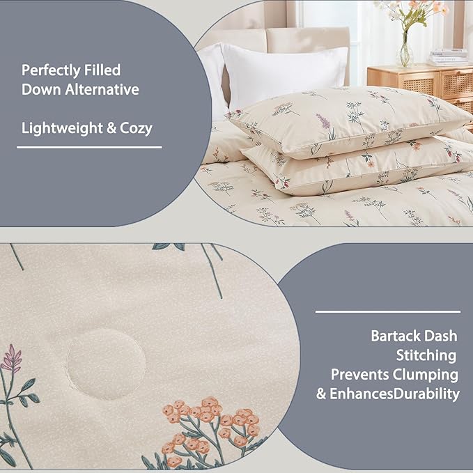 100% Cotton Comforter Set King Size Cute Floral Bedding Comforter Sets 3 Pieces Chic Garden Printed Comforter Sets Breathable Soft Reversible Botanical Comforter(Floral, King)