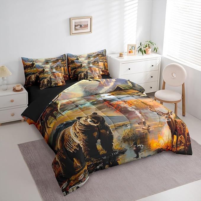 Erosebridal Full Size Deer Bear Comforter Set with Sheets 7 Pieces | Rustic Cabin Lodge Bedding Set for Kids Boys Girls Mallard Duck Woodland Animal Bed in A Bag Country Rural Farmhouse Bed Sets