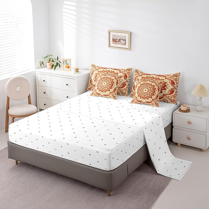 Oriental Floral Twin Comforter Set 7-Piece Vintage Flower Bedding Comforter Sets for Teens Adults, Art Deco Medallion Bed in a Bag Retro Aesthetic Bedding Set, Boho Paisley Bed Sheets Set Lightweight
