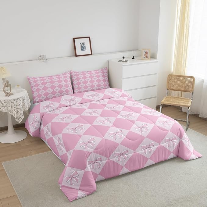 Erosebridal Kids Kawaii Bowknot Comforter Set King Fantasy Princess Bedding Comforter Sets for Kids Girls Teen Room Decor,Pink Girly Plaid Bedding Set Cute Bow Checkered Quilt Duvet 2 Pillow Cases