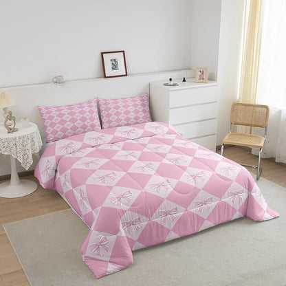 Erosebridal Kids Kawaii Bowknot Comforter Set King Fantasy Princess Bedding Comforter Sets for Kids Girls Teen Room Decor,Pink Girly Plaid Bedding Set Cute Bow Checkered Quilt Duvet 2 Pillow Cases