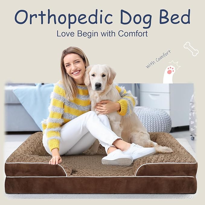 Orthopedic Dog Bed for Large Medium Sized, Washable Memory Foam Large Dog Bed, Durable Medium Pet Sofa with Removable Cover, Washable Waterproof Pet Couch Beds(Brown, XXL)