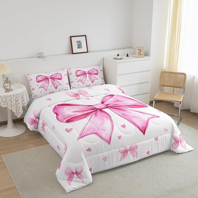 Erosebridal Girly Pink White Comforter Set Twin,Cute Bow Girls Bedding Set Dreamy Princess Bedding Comforter Sets for Kids Teen Women,Kawaii Bowknots Bow Tie Quilt Duvet 1 Pillow Case