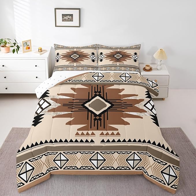 Feelyou Boho Comforter Set Twin Size Southwest Native American Design Comforter Southwestern Geometric Bedding Set Western Decor Duvet Set Room Decor Beige Brown Quilt Set