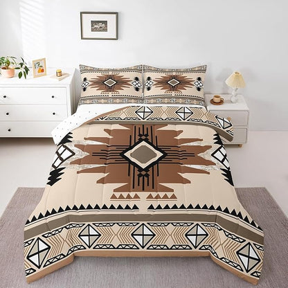 Feelyou Boho Comforter Set Toddler Size Southwest Native American Design Comforter Southwestern Geometric Bedding Set Western Decor Duvet Set Beige Brown Quilt Set
