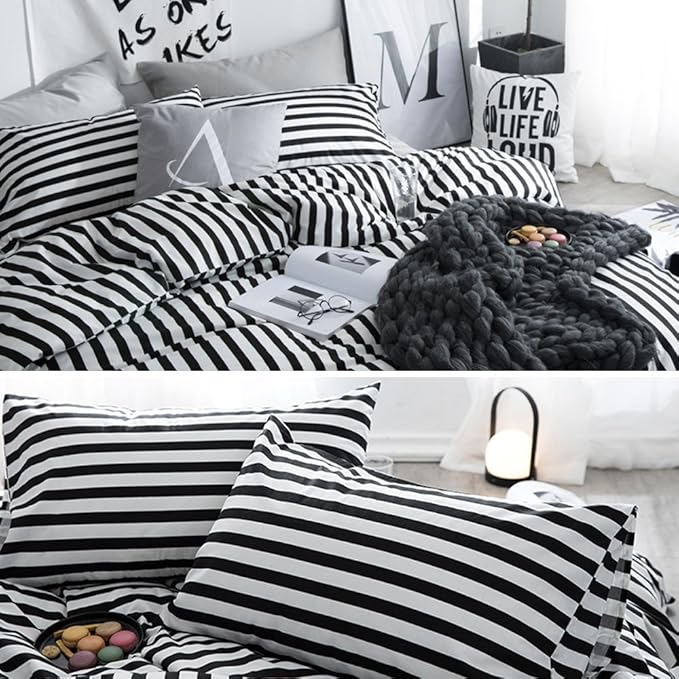 CLOTHKNOW Striped Queen Comforter Set Black and White Bedding Comforter Sets All Season Farmhouse Comforter Queen with 2 x Pillow Cases