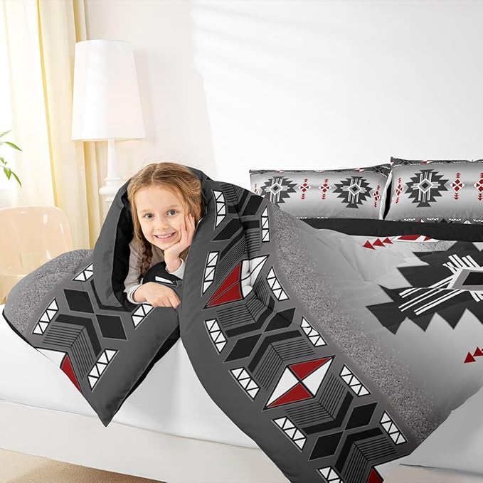 Erosebridal Rustic Western Comforter Set Twin, Southwestern Aztec Bedding Set for Boys Teens Men Bedroom, Exotic American Native Bedding Comforter Sets Vintage Bohemian Geometric Quilt, Red Grey