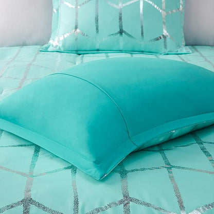 Intelligent Design Raina Twin / Twin XL Comforter Set, Soft Microfiber Comforter Set Twin, Modern Geometric Metallic Bed Set, 4 Pieces College Bedding Comforter Set with 1 Sham, 2 Toss Pillows Aqua