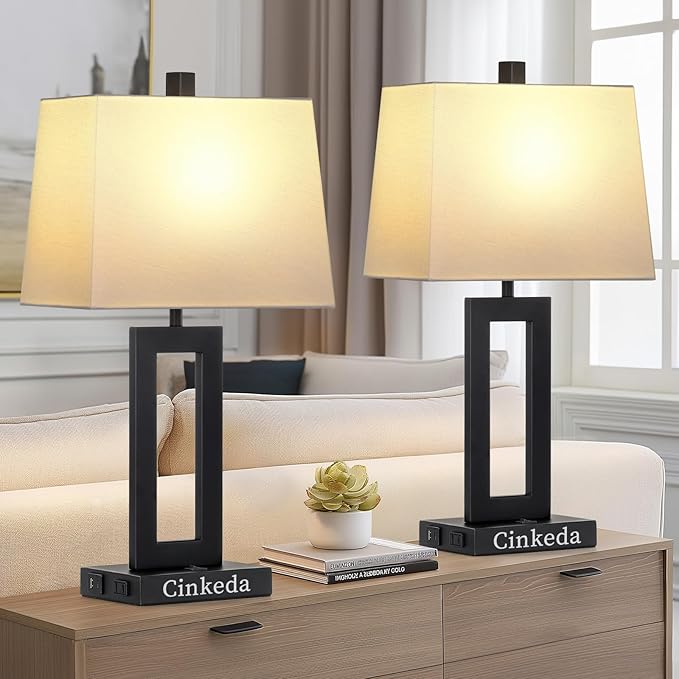 Table Lamp Set of 2 with USB C+A Ports & AC Outlet, Bedside Lamps, Modern Bedroom Lamps, Black Lamps for Night Stands Bedroom Living Room,Nightstand Lamp（Push Button Swich